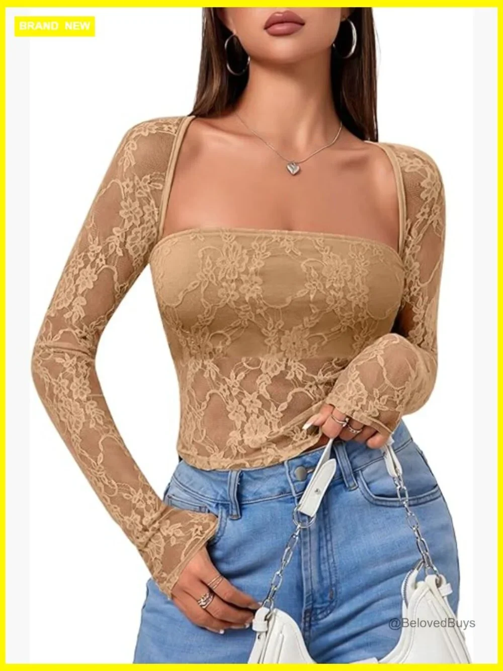 2 Piece Square Neck Crop Tops Set Long Sleeve Mesh Sheer Layering Tanks